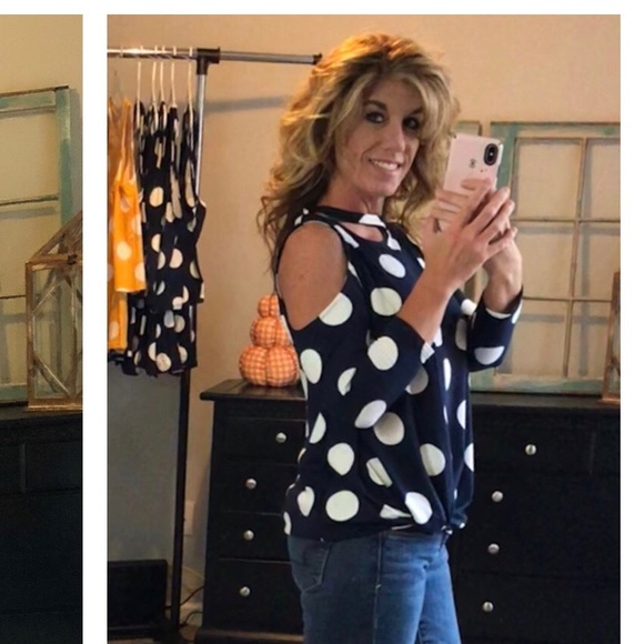 Navy cold shirt polka dot top with twist tie front - Picture 2 of 8